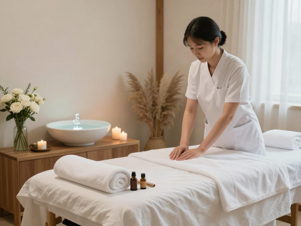 Relaxing 성북구출장마사지 scene with a serene home spa setup.