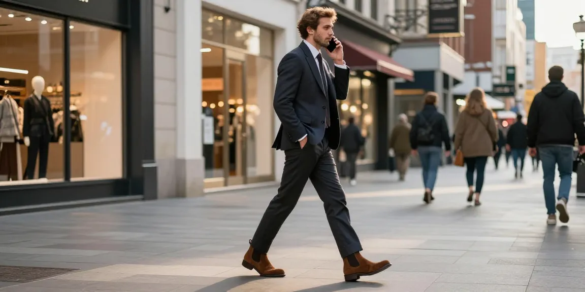 Man wearing suede Chelsea boots and a tailored suit walking in the city.